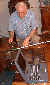 Aaron Cramer operating the Lambert phonograph, April 1999