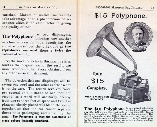 The Talking Machine Company 1899 catalog describing the Polyphone attachment.